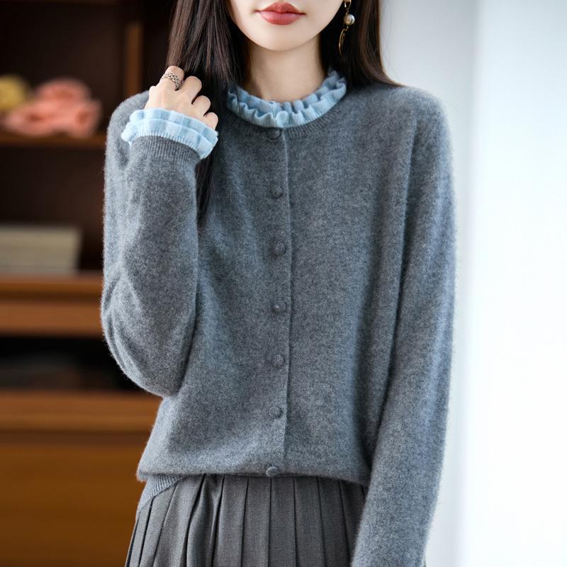 Trendy Women's 100% Wool Knit Cardigan - Thickened Lace-Trimmed Jacket for Autumn/Winter
