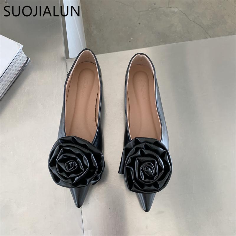 Fashion SUOJIALUN 2025 Autumn Women Flat Shoes Fashion Big Flower Ladies Ballerinas Shoes Pointed Toe Shallow Slip On Dress Flat Ballet
