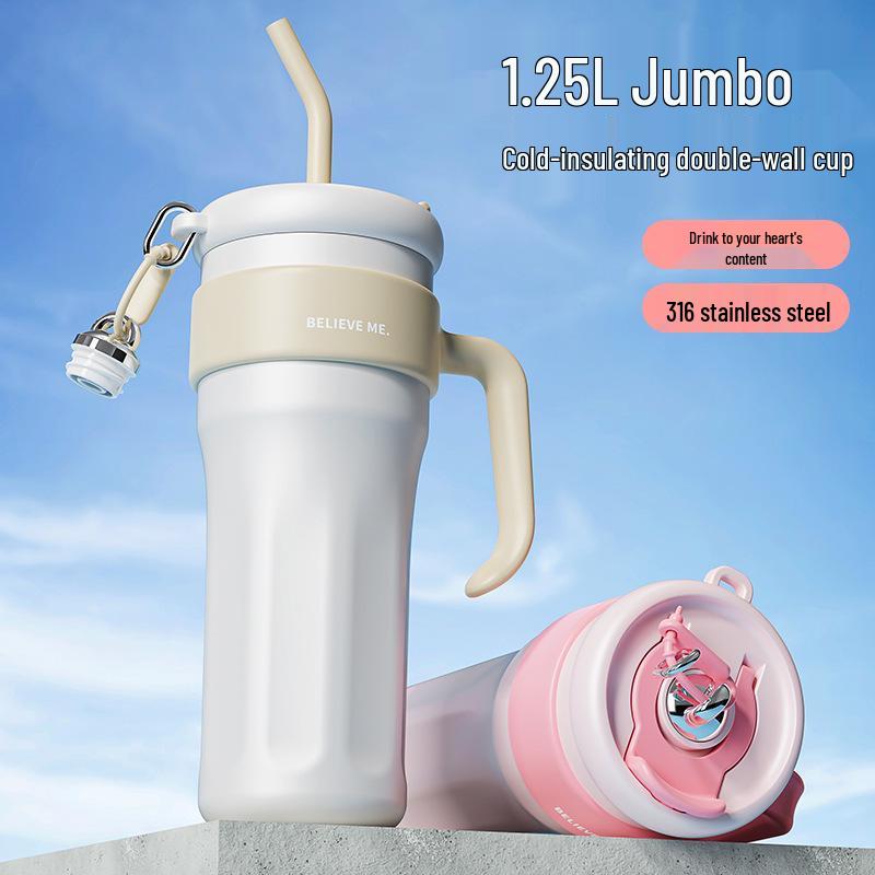 High-End 316 Stainless Steel Thermos Cup, Large Capacity, Double-Walled with Straw, for Outdoor Cold Drinks