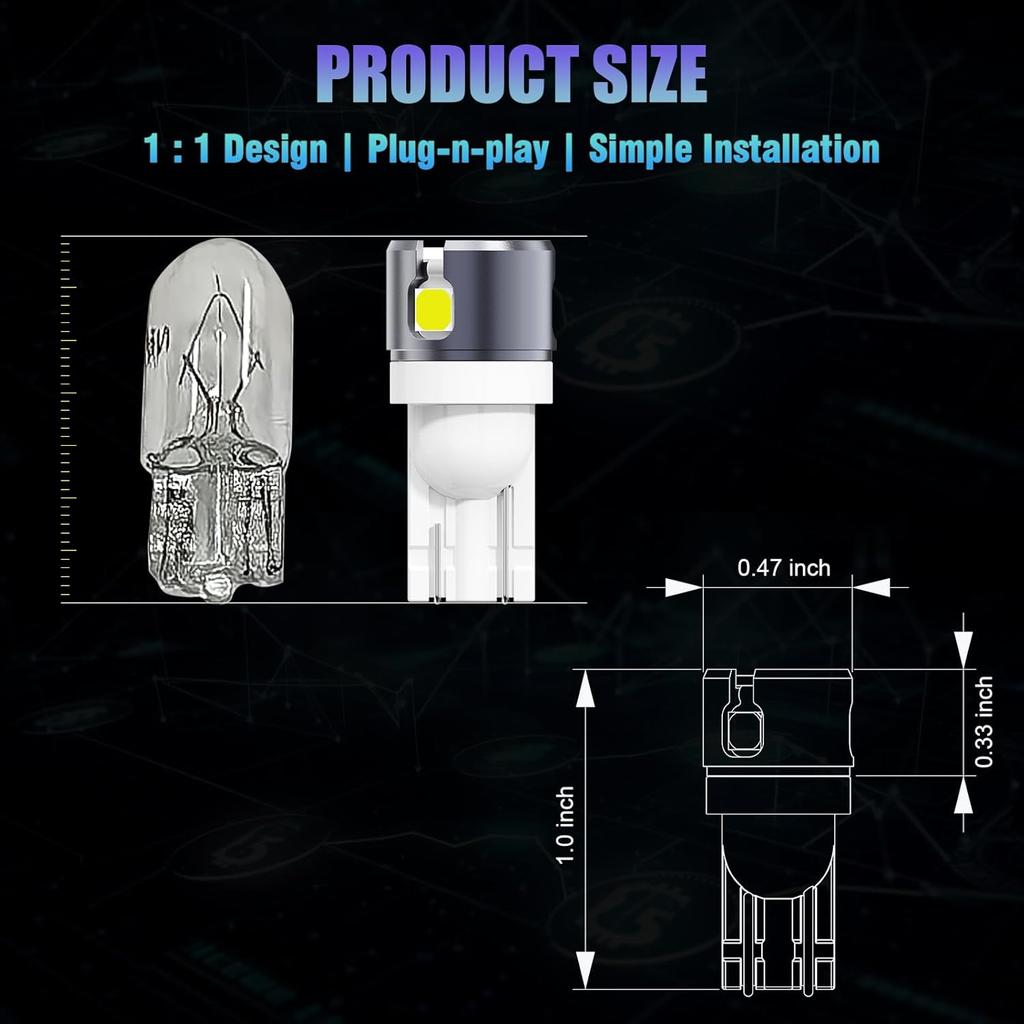 T10 LED Bulbs for Vehicle Map Light 168 194 175 W5W 6-SMD 3030 Chipsets 6000K Super White for License Plate Light Dome Door Courtesy Indicator Side