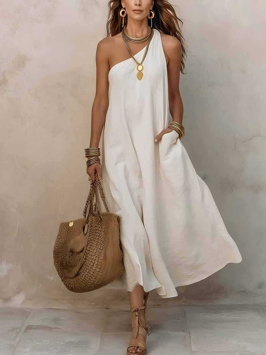 2026 European and American women s clothing new slanted shoulder solid color retro vacation sleeveless dress S белый
