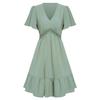 A-Line High Waist Above Knee Solid Color V-Neck Short Sleeve Women Casual Dress Spring Summer Lotus Leaf Design S-XL