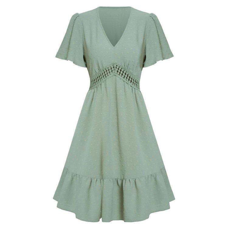 A-Line High Waist Above Knee Solid Color V-Neck Short Sleeve Women Casual Dress Spring Summer Lotus Leaf Design S-XL
