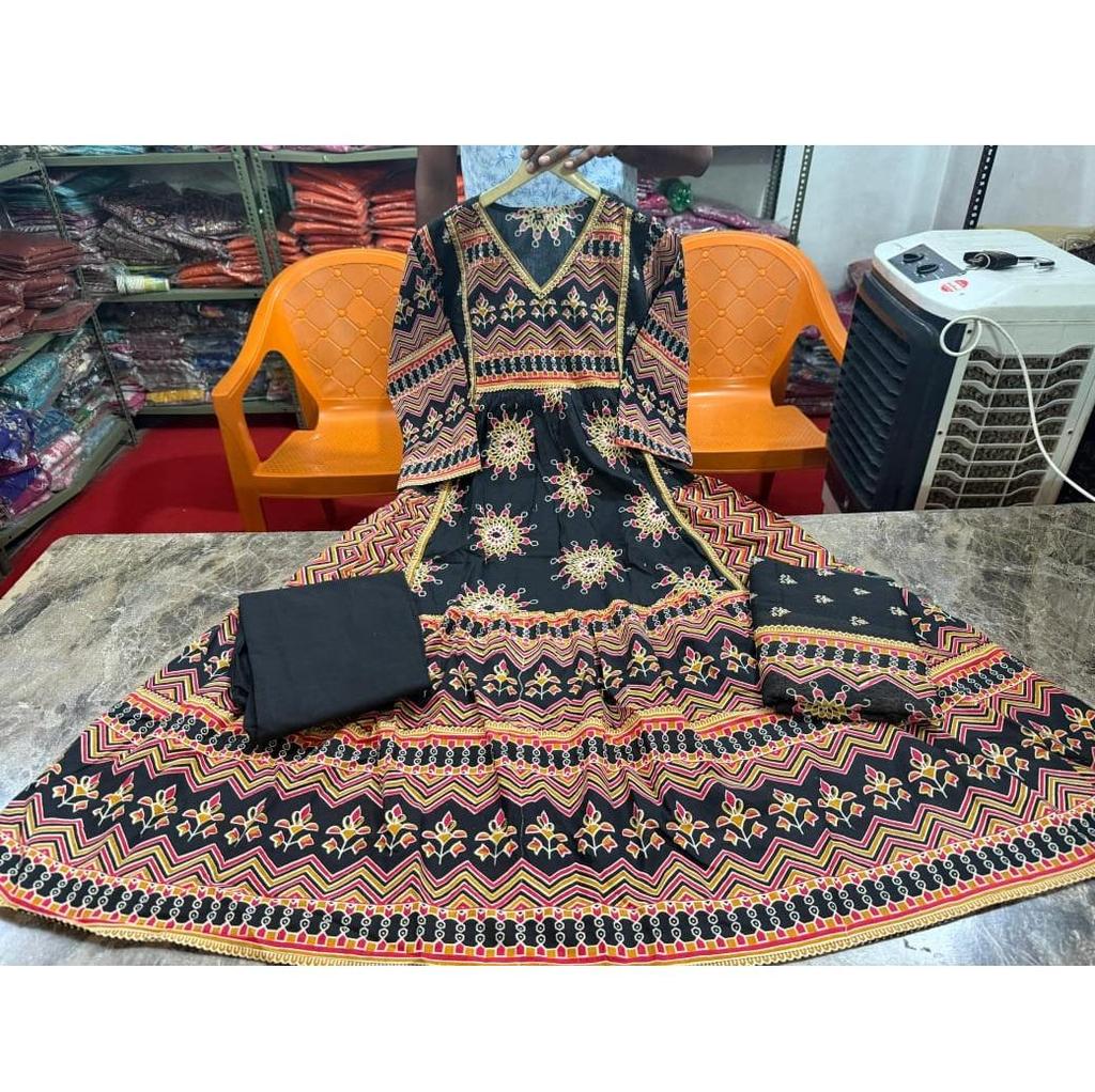 Indian Bollywood Printed Cotton Anarkali Kurta Pant Dupatta Set Women Designer Top Tunic Salwar Suit
