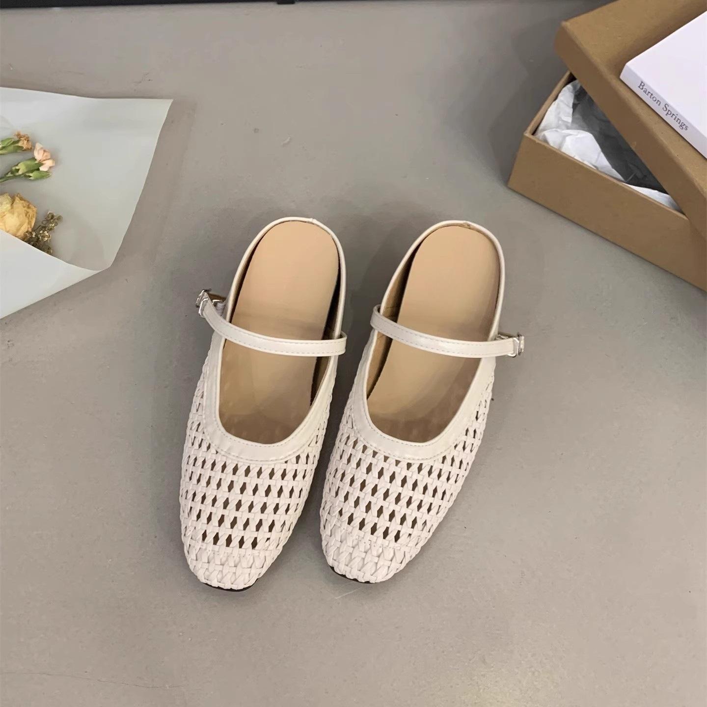 

Внутреннее увеличение высоты Французские плетеные полые туфли-лодочки 2025 новая сумка с круглым носком полушлепанцы для улицы дышащие сандалии Мэри Джейн женские 40 бежевый