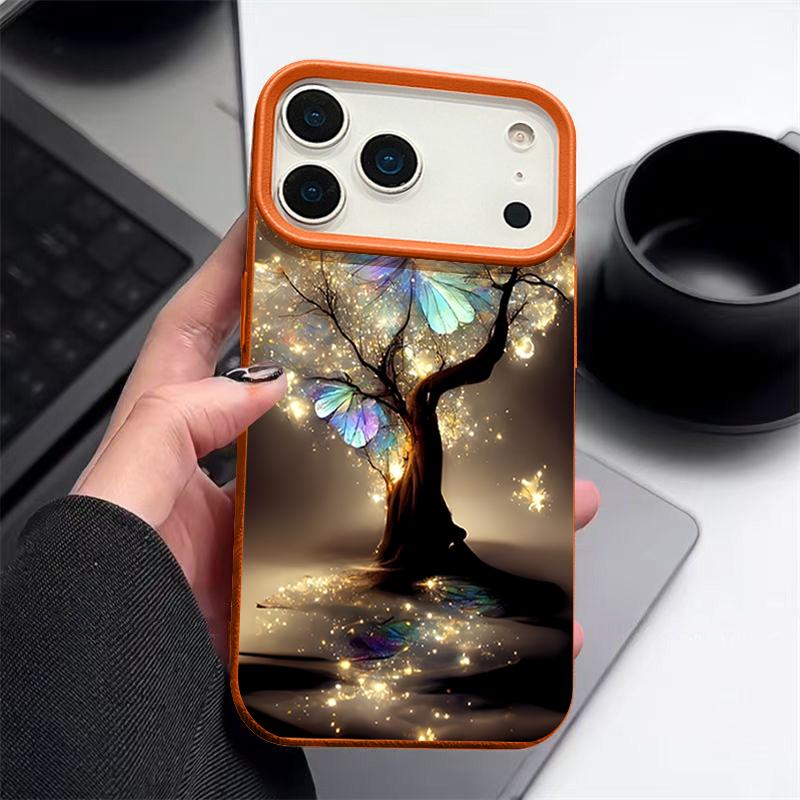Shining Fantasy Tree Butterfly Pattern Case For iPhone 17 Pro Max iPhone 16 Pro Max 15 14 13 12 11 16E Air Luxury Leather Texture Silicone Cover