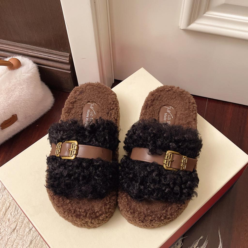 Teddy Curly Hair~ Hong Kong Style Versatile One-Word Cotton Slippers Women's Fashion Outer Wear Platform 2025 Mao Mao Shoes Women's Mao Slippers