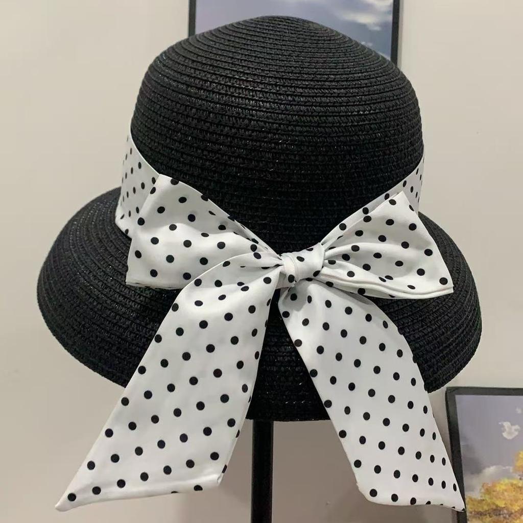 French Polka Dot Face Small Sunshade Straw Hat Women's Spring and Summer Fashion Versatile Sunscreen Bucket Hat Seaside Vacation Self-operated
