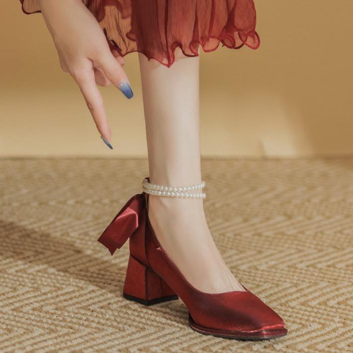 Thick heel high heels wedding shoes women's high heels bride shoes spring new shoes Mary Jane women's shoes square head single shoes