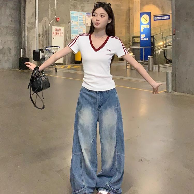 Harajuku Short Sleeve Fashion Pullover Y2k Tops Women's Cotton T Shirt Summer V-Neck Slim Casual T-Shirts for Women