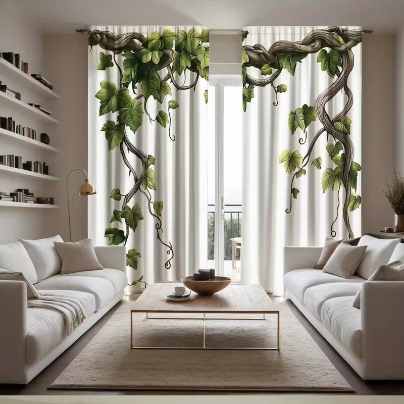 2pcs Green Vine Curtains   Privacy Light Filtering Polyester   Modern Botanical Home Decor for Living Room Bedroom Patio
