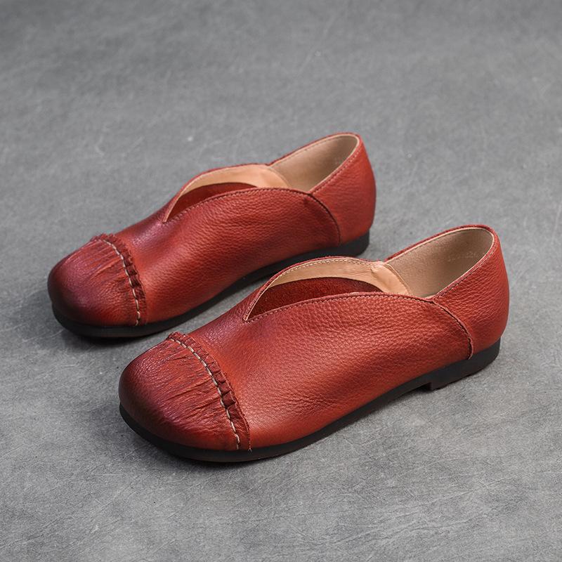 Women's Spring Vintage Casual Shoes - Top Layer Cowhide Slip-On Mom Shoes with Soft Sole, Round Toe Comfortable Low-Top Shoes