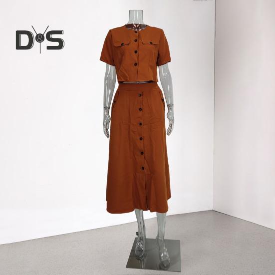 Women's Shirt And Skirt Solid Color O Neck Button Down Blouse Skirt with Pockets Summer Outfit for Office Business Occasions