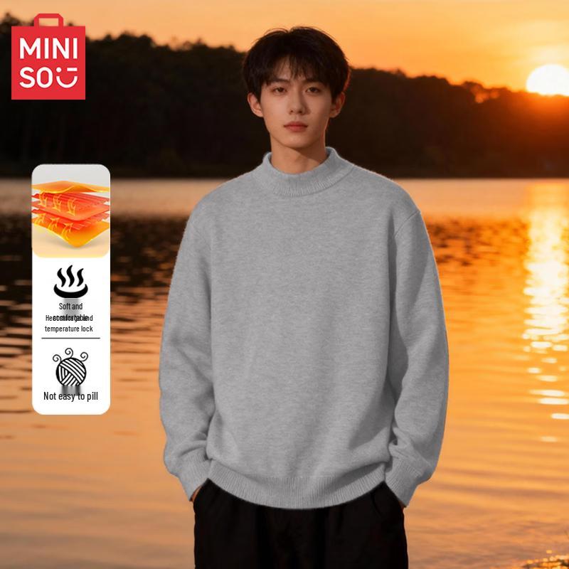 MINISO Men's American Retro Plush Mock Neck Sweater