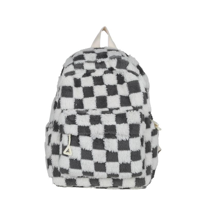 School Bag, Autumn and Winter New Plush Checkered Backpack, Women's Versatile Student Backpack, Casual Fashion Travel Large-capacity Backpack
