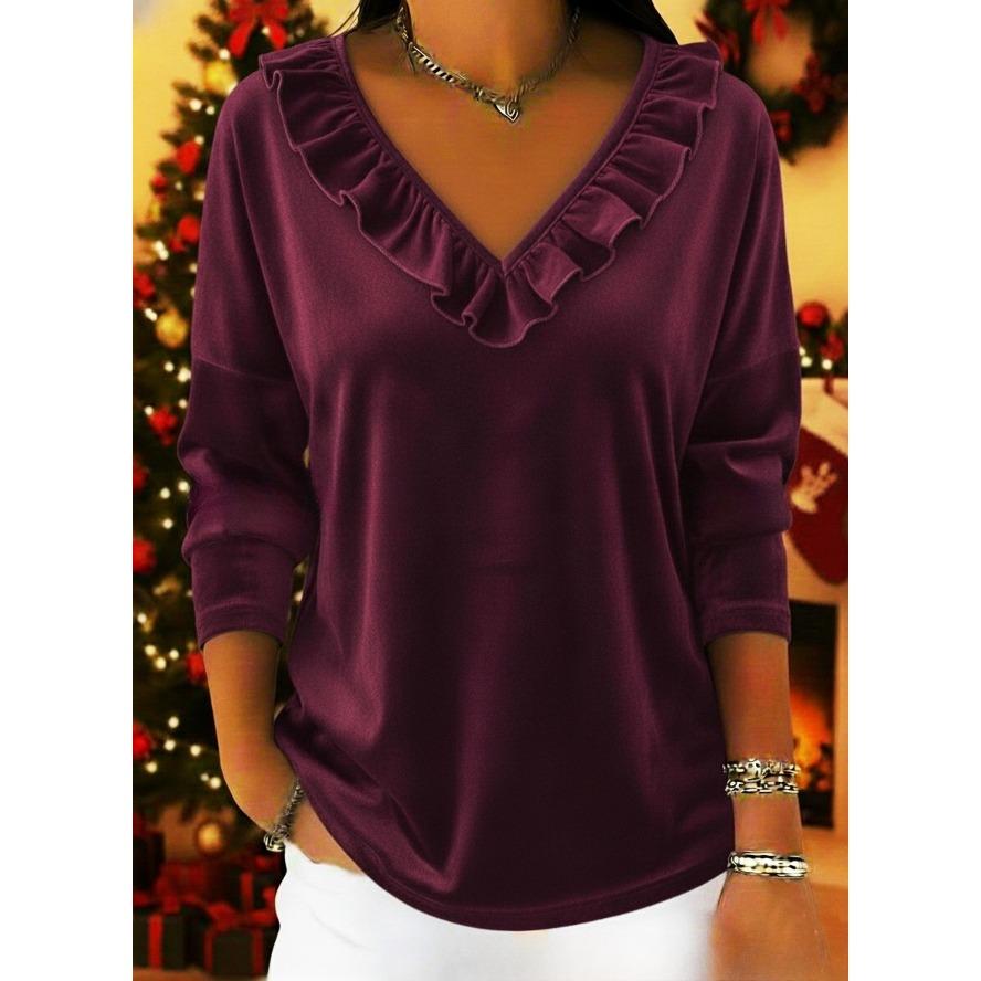 YYFS Camicette e camicie con scollo a V a maniche lunghe con stampa tinta unita primavera autunno moda casual da donna