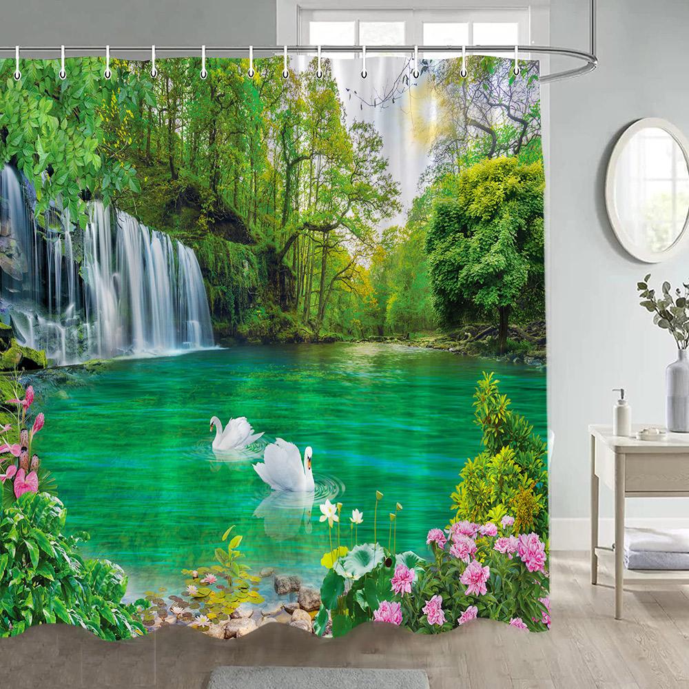 

Rustic Waterfall Landscape Shower Curtains Nature Forest Lake Lotus Swan Chinese Style Bathroom Curtain Home Decor With Hooks W60H190(CM)-1 Pcs