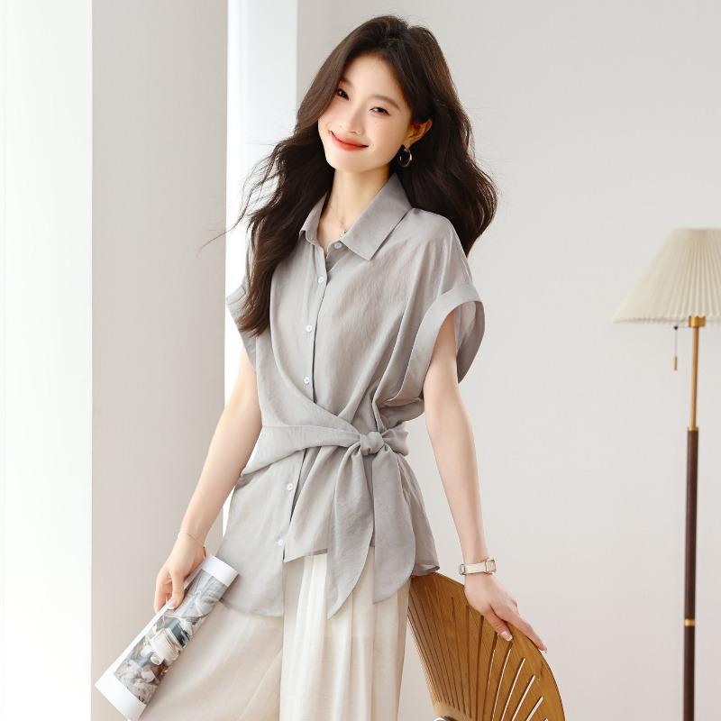 Women Waist Tie Cinched Irregular Short Sleeve Casual Blouse Shirt M серый