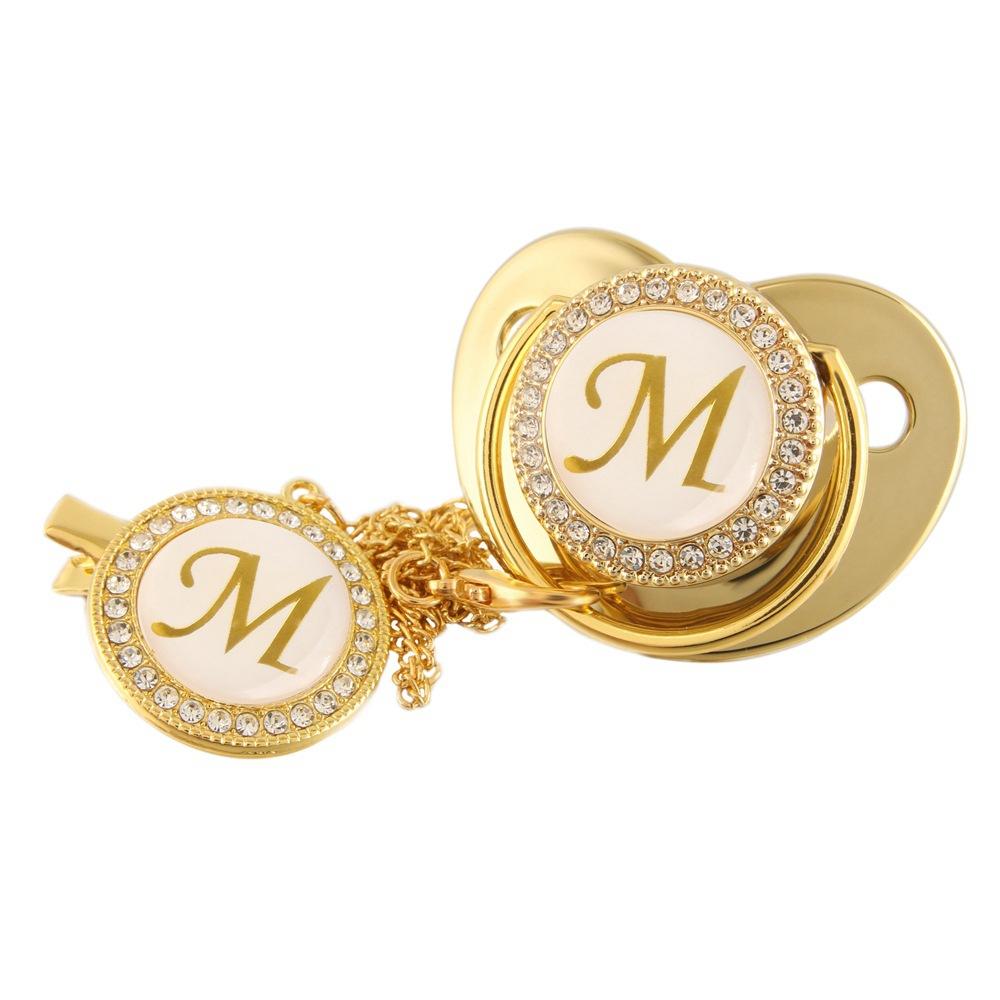Gold Diamond Soother Pacifier with Decorative Chain and Initial M Design Suitable for Infant Comfort and Oral Use