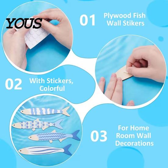Decorative Fish Scale Wall Hangings 6Pcs/Set Wooden Decor, Beach House Decoration, Blue And White Wood Ornaments Coastal Art for Home Living