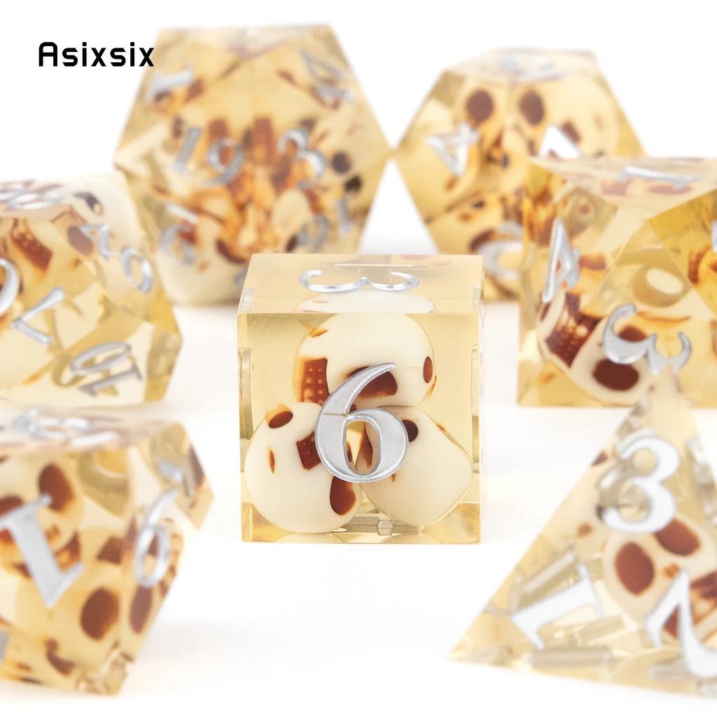 7 Pcs Yellow Skull Resin White Number Sharp Edge Dice Polyhedral Dice Suitable For Role-Playing Dice PropBoard Game Gift
