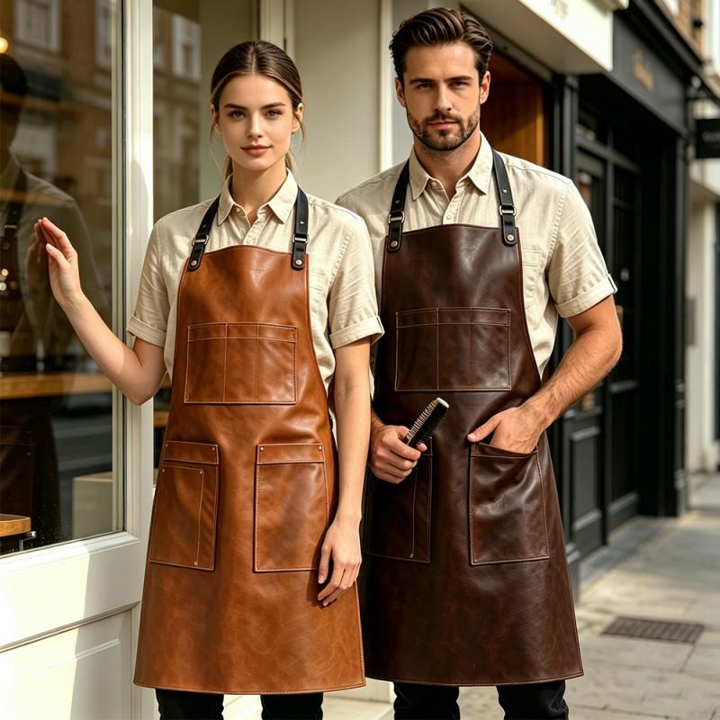 Unisex PU Leather Work Apron Waterproof Durable Multi Pocket Coffee Shop Kitchen