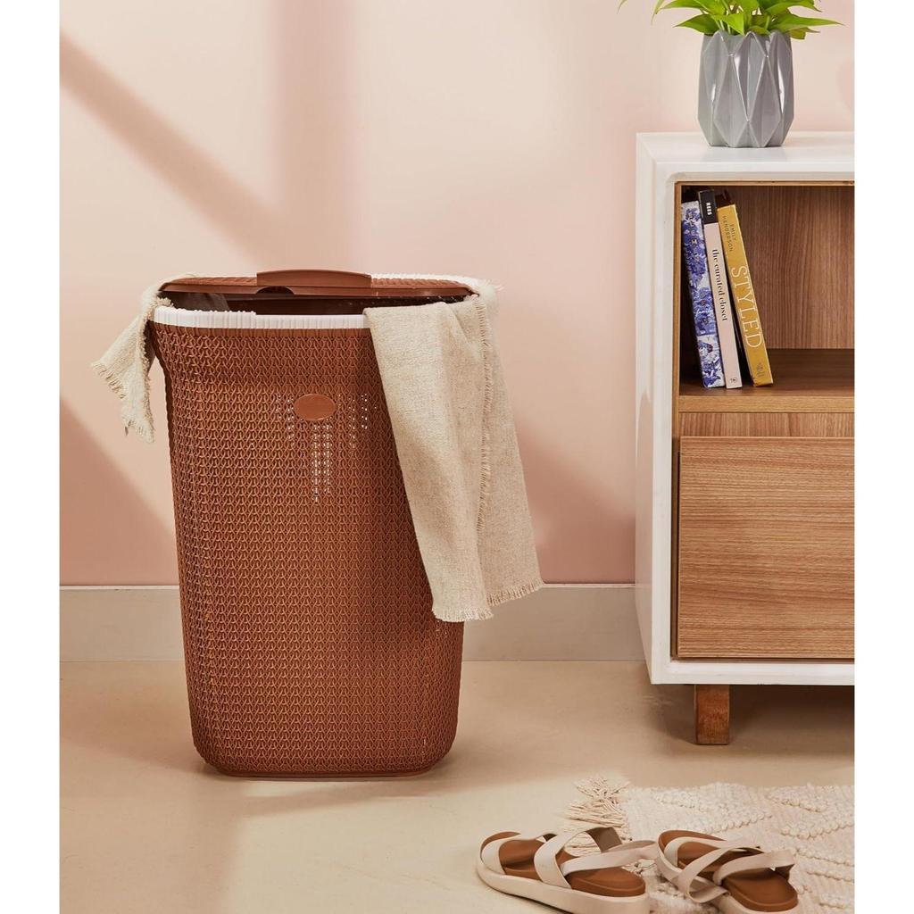 Knit Laundry Basket - Big - 55 Litres - 44 Cm X 35 Cm X 61 Cm | Royal Light Brown - Polypropylene