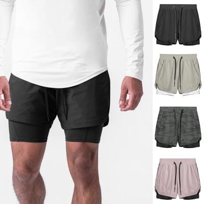 Men Shorts Solid Color Design Elastic Waist Drawstring Casual Shorts Double Layer Quick Drying Breathable Shorts