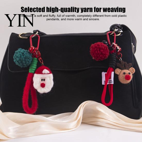 Knitted Holiday Embellishments Christmas Santa Claus Bag Charm, Crochet Keychain Pendant with Key Accessories Faux Leather Star, Xmas Hanging