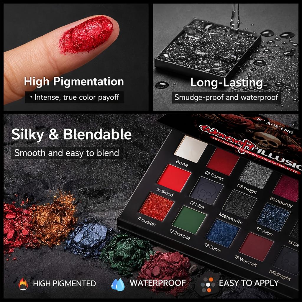 15 Barev Gotická Matná Třpytivá Paletka Stínů na Oči Tmavá Punk Halloween Červená Černá Oční Make-up