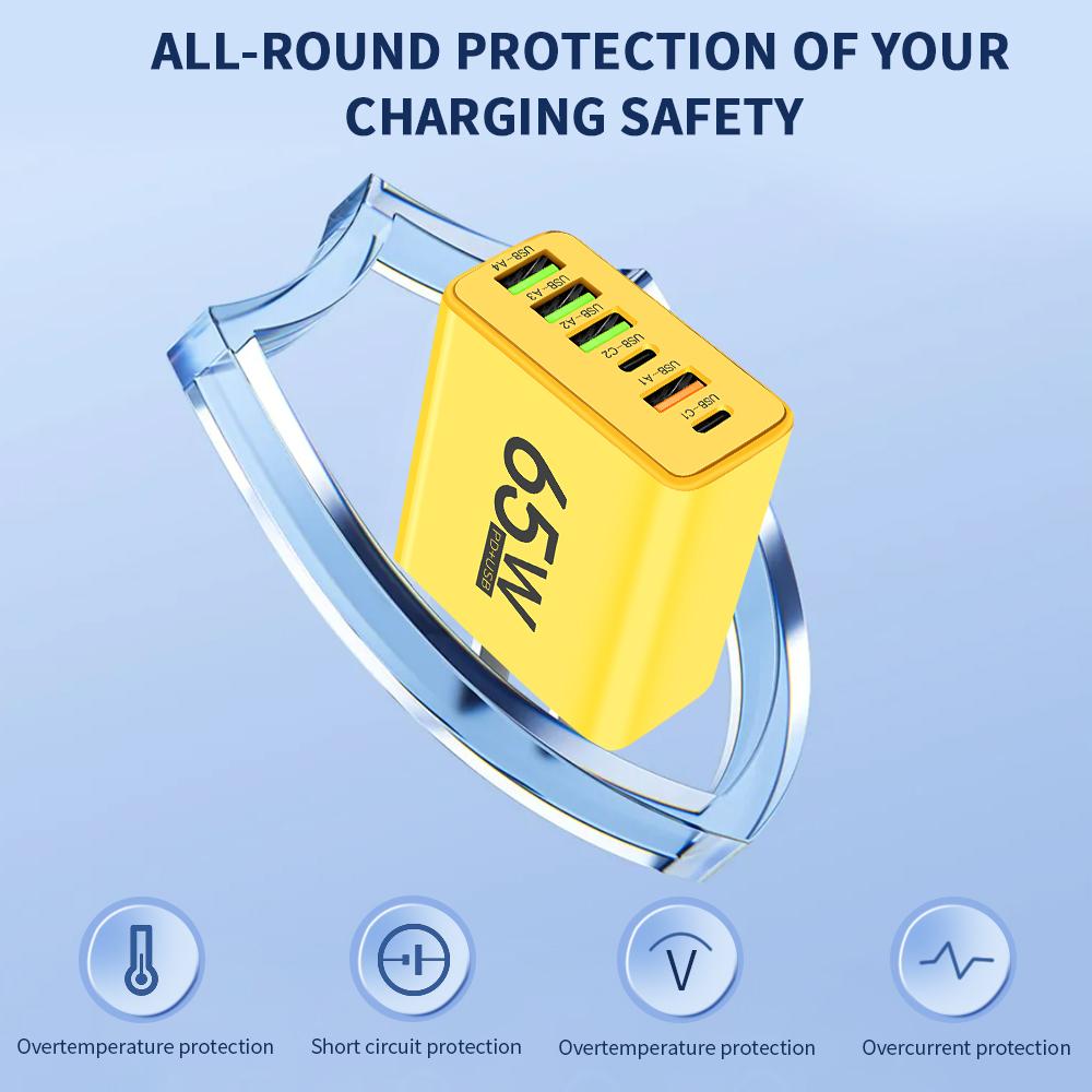 6 Ports USB PD Charger 65W Fast Charging Type C Travel Adapter USB QC 3.0 For iPhone 14 15 Pro Xiaomi 13 Pro Samsung P60