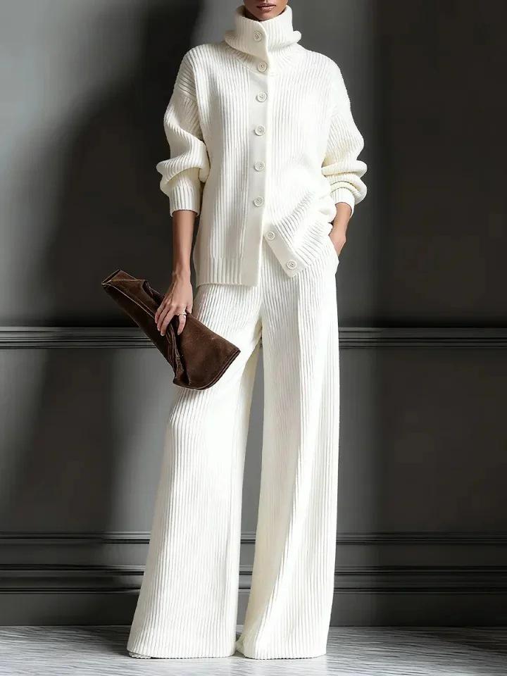 High Collar Solid Color Knit Cardigan & Wide Leg Pants 2-Piece Set - Autumn/Winter Collection