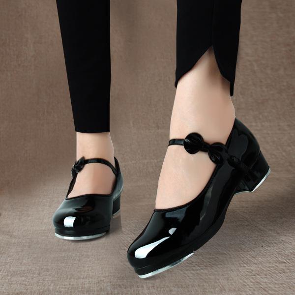

New Women Girls Tap Dance Shoes Shiny Patent PU Leather Laced Glossy Bow Tie Kids Tap Shoes Teacher Stage Dance Shoes 40 чорний