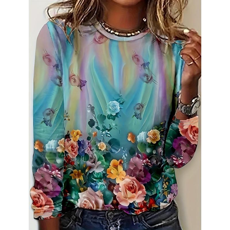 Fall/Winter Daily Women's Casual Top 3D Flower Print Women's Long-Sleeved T-Shirt Street Urban Fashion T-Shirt