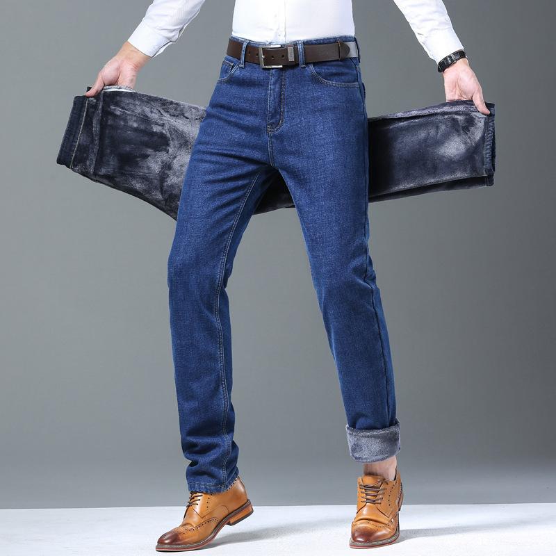 

Autumn/Winter Stretch Denim Trousers for Men Fleece-Lined, Thickened, Relaxed Straight-Leg Casual Trousers for Gentlemen 40