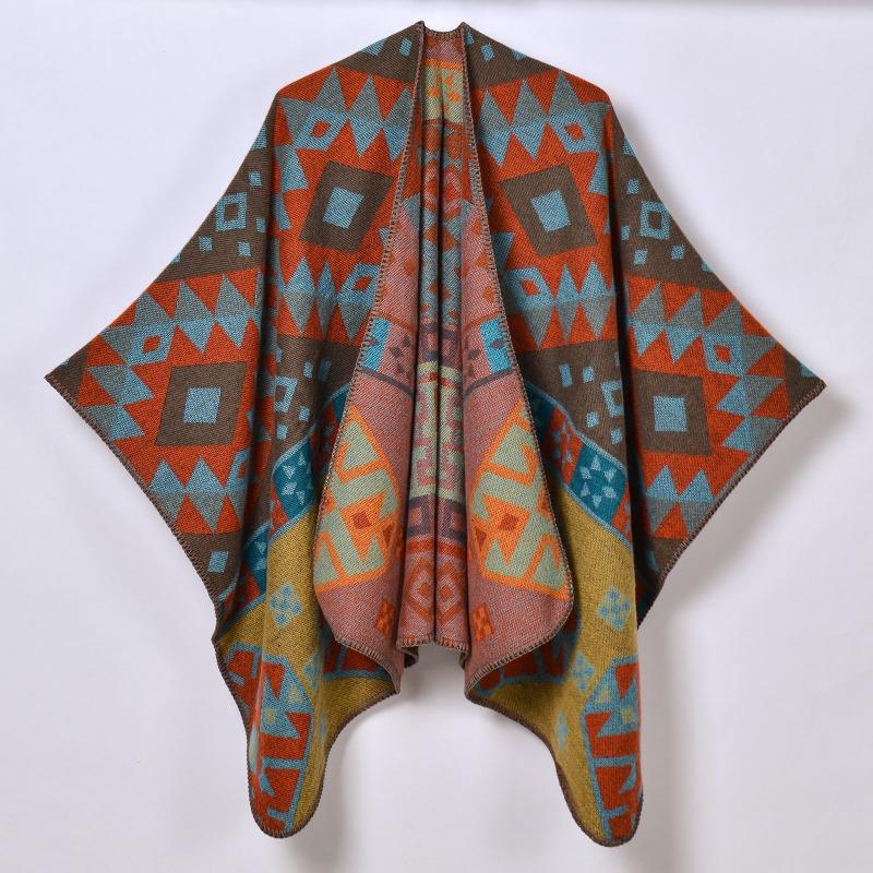 New Autumn and Winter Retro Women's Scarf Geometric Rhombus Thickened Warm Imitation Cashmere Split Shawl Cape
