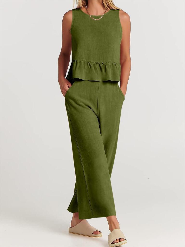 2024 Summer Women's Sleeveless Pleated Vest and Wide-Leg Pants Cotton-Linen Suit