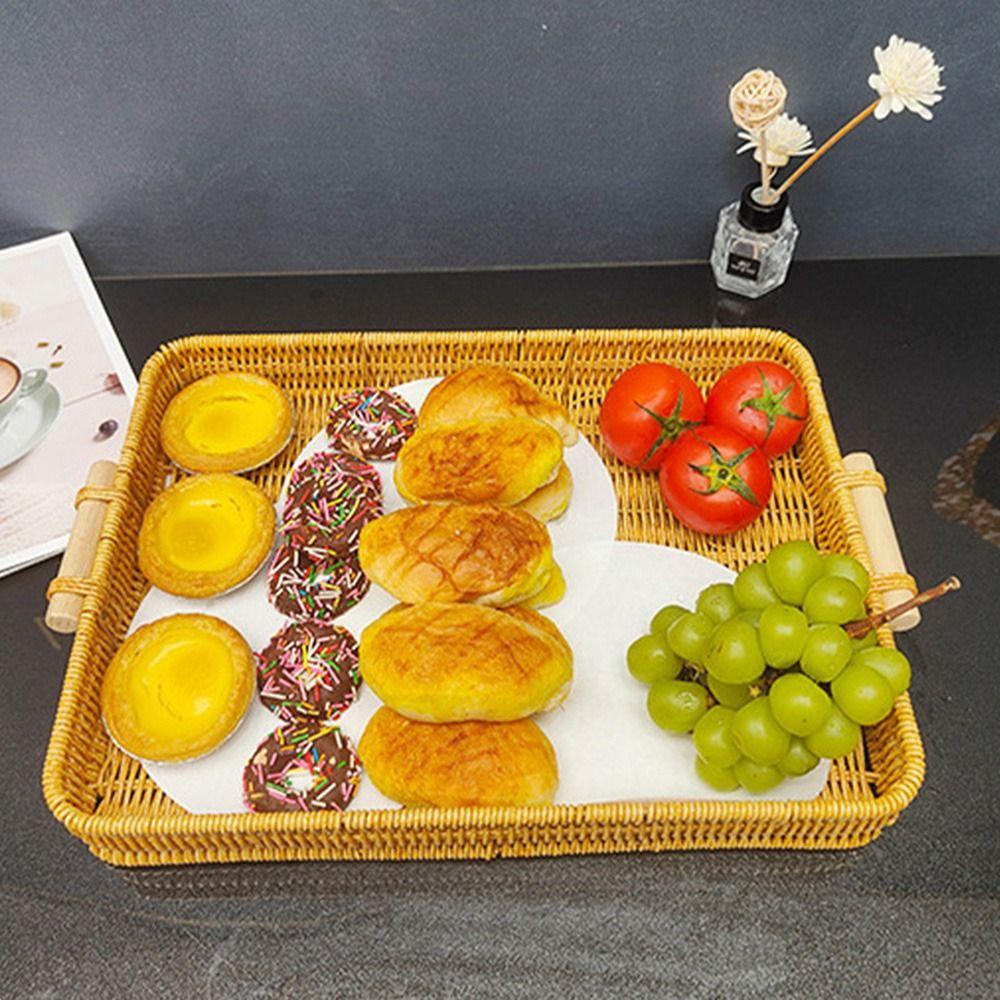 Wooden Handle Woven Rattan Basket Plastic Rattan Threads Woven Fruit Platter  Breakfast
