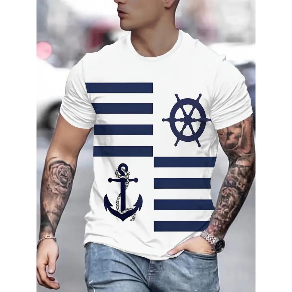 Simple Fashion Anchor Striped T Shirts For Men Summer Trendy Streetwear 3D Printed T-shirts Cool Streetwear Hip Hop Tees Tops