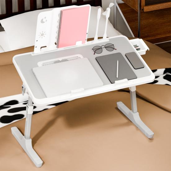 Laptop Lap Desk, Laptop Bed Tray Table, Adjustable Lap Desk with Light Fan, Folding Laptop Desk for Bed with USB, Bed Desk with Storage Drawer