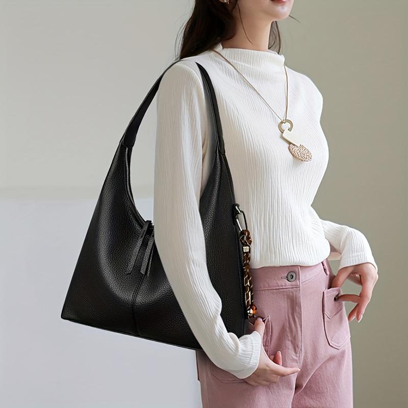 Women's Elegant Large Capacity Tote Handbag Leather Hobo Bag with Decorative Metal Chain for Women Minimalist Shoulder Bag