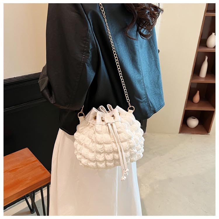Suitcase Company GPT Popcorn Bag, Drawstring Shoulder Bag, Crossbody Bag, Women's, Small Mini Bag, Korean Popcorn Waffle Design, White