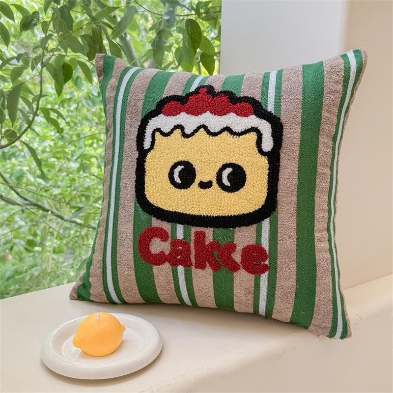 INS Style Green Stripe Pillow Cover Cute Cartoon Apple Dog Embroidery Soft Flock Cushion Cover For Living Room Home Decoration