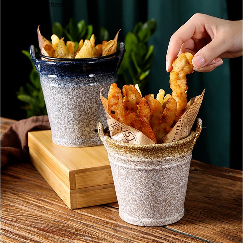 Ceramic Tableware Snack Plate French Fries Bucket Ktv Bar Ice Bucket Fried Food Buckets Oil Paper Fruit Salad Bowl Dessert Plate