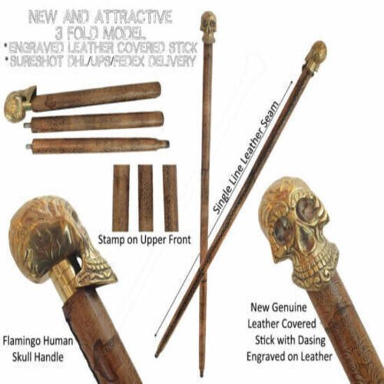 Antique Style Victorian Vintage Designer Brass Handle Cane Wooden Walking Stick