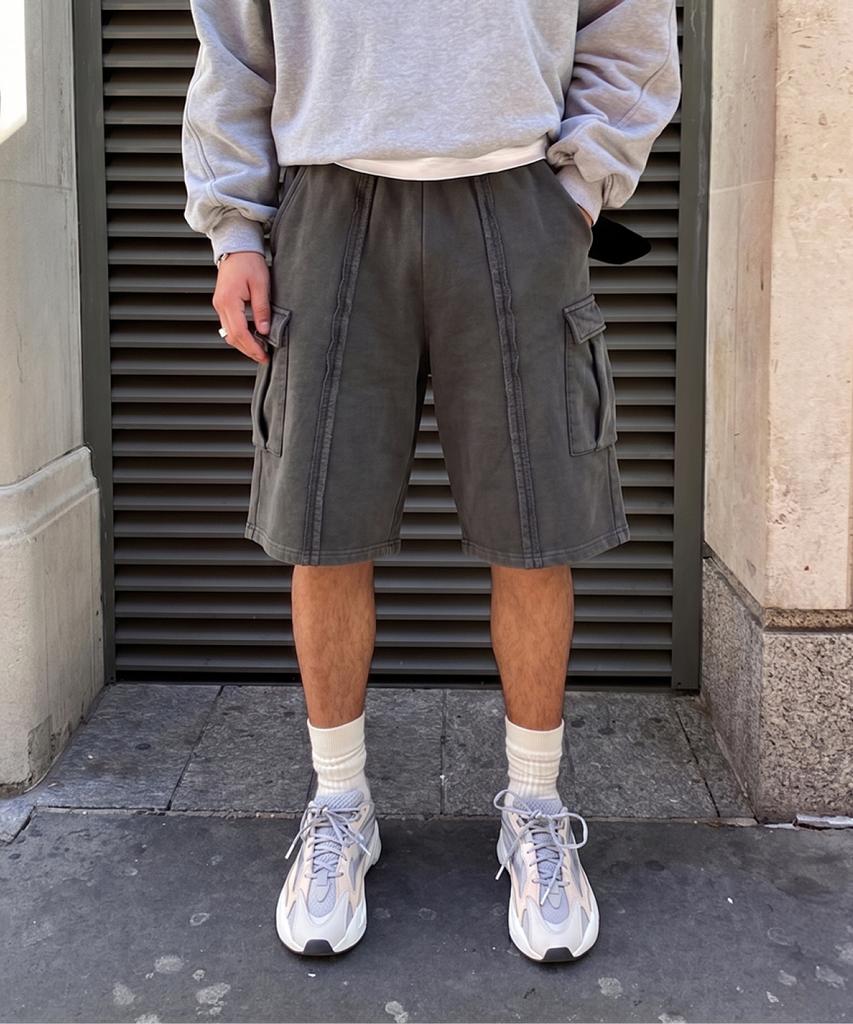 Jikun Pigment Terry Wide Cargo Shorts Gee265-304 Charcoal