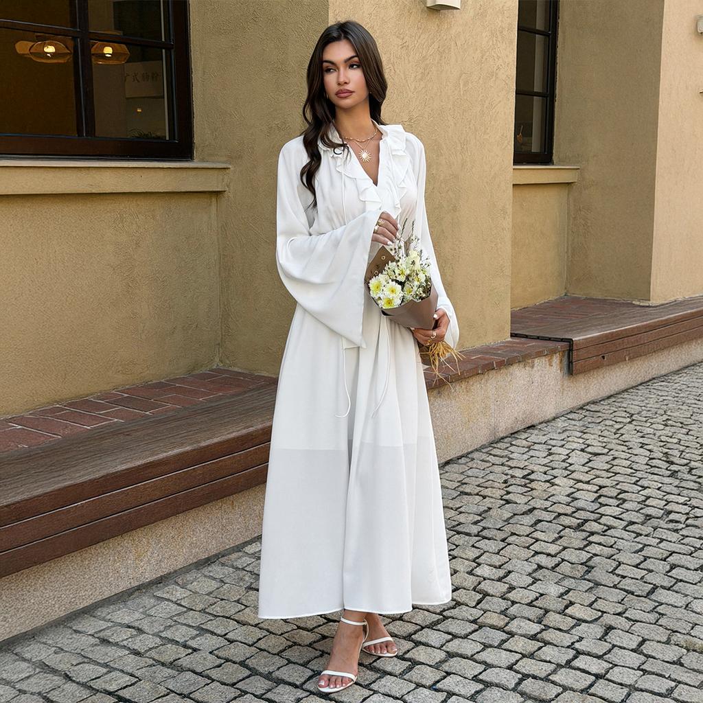 Cross-border European and American elegant style simple high-waisted V-neck long-sleeved dress women's clothing spring and summer independent