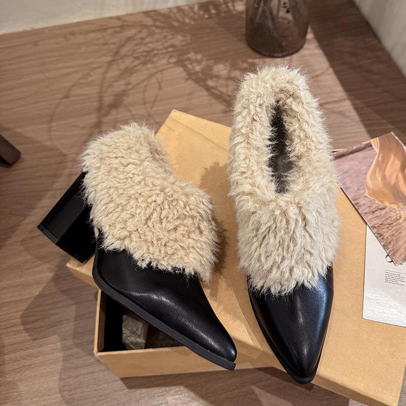 New Autumn Winter Retro Furry Women Slip on Pumps Shoes Concise Shallow Short Plush Shoes Eelgant Dress Thick Heel Leather Shoes