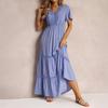 Women's V Neck Lace Trim Tiered Maxi Dress Short Flutter Sleeve Casual Summer Dress