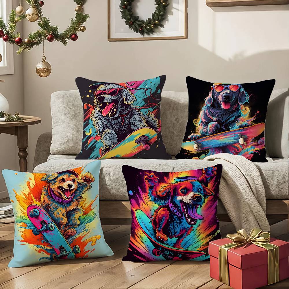 Retro Style Trendy Artistic Dog Pattern Pillow Case Comfort Sofa Bed Silky Elegant Invisible Zipper Decorative Cushion Cover